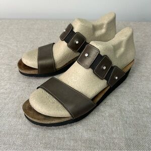 NAOT Women’s Ashley Brown Leather Strap Wedge Sandals Rhinestones Size 41 / 10